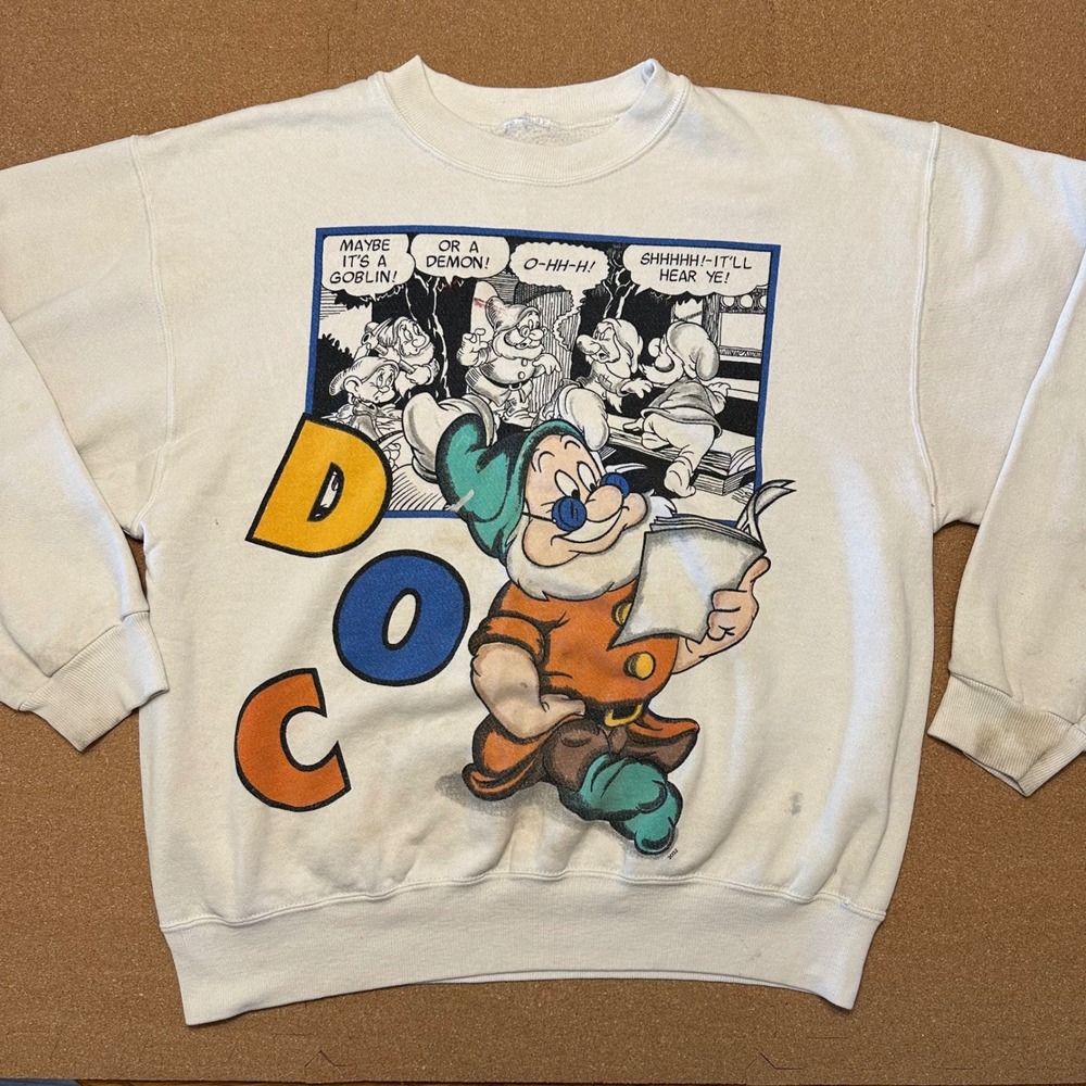 Disney Doc Sweatshirt Mens L White Snow White Vintage Graphic Pullover